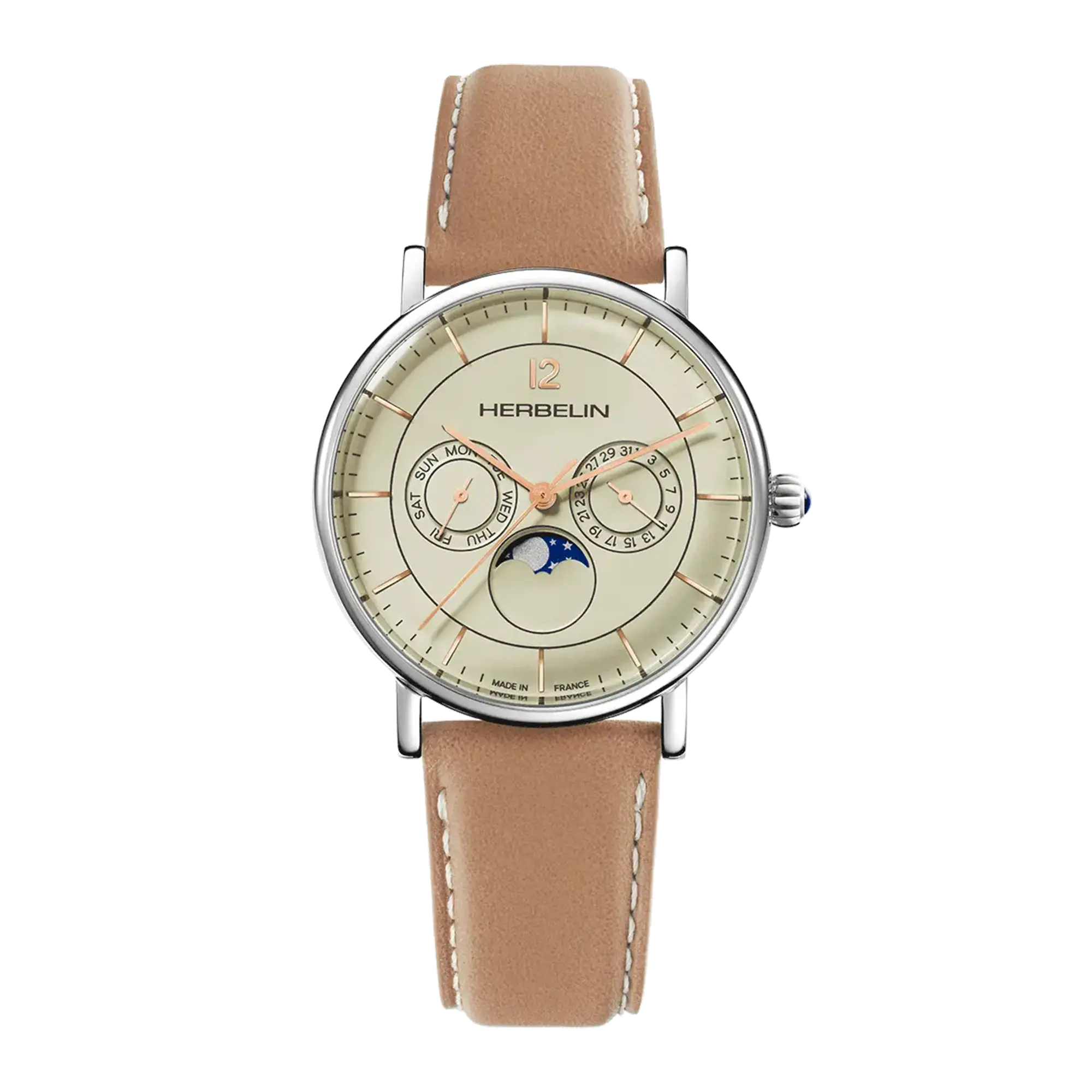 herbelin-inspiration-phase-de-lune-quartz-homme-acier-cuir-coquille-d-uf image 1