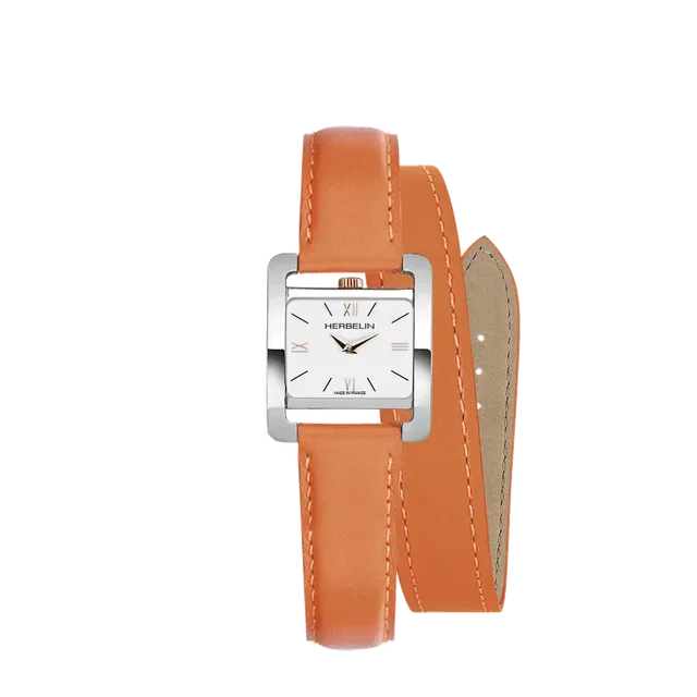 herbelin-5e-avenue-montre-femme-quartz-acier-bracelet-double-cuir-orange image 1