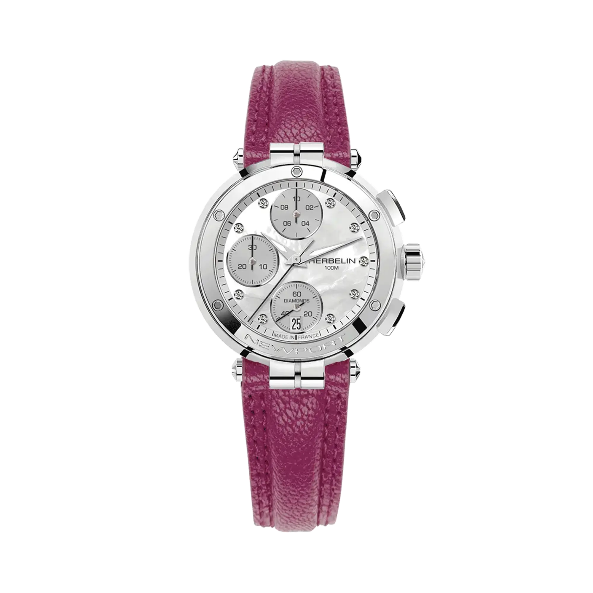 herbelin-newport-chrono-lady-montre-femme-acier-nacre-diamants-cuir-fuchsia image 1