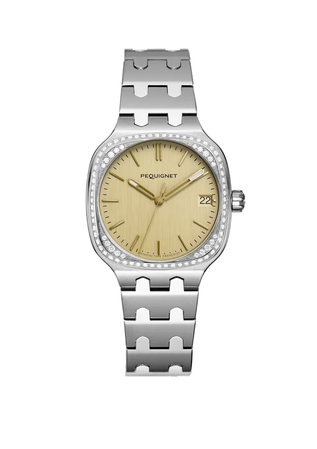pequignet-concorde-femme-cadran-dor-lunette-diamants-montre-sport-chic-acier image 1