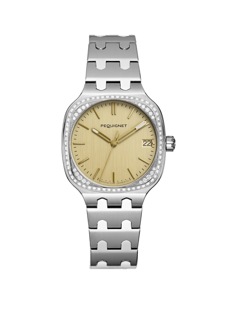 pequignet-concorde-femme-cadran-dor-lunette-diamants-montre-sport-chic-acier image 1