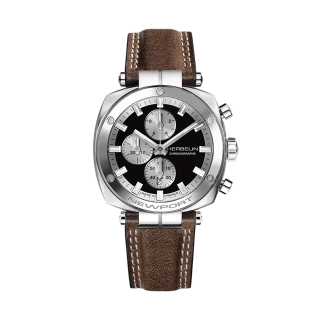 herbelin-newport-h-ritage-chronographe-quartz-montre-homme-acier-cuir-marron image 1
