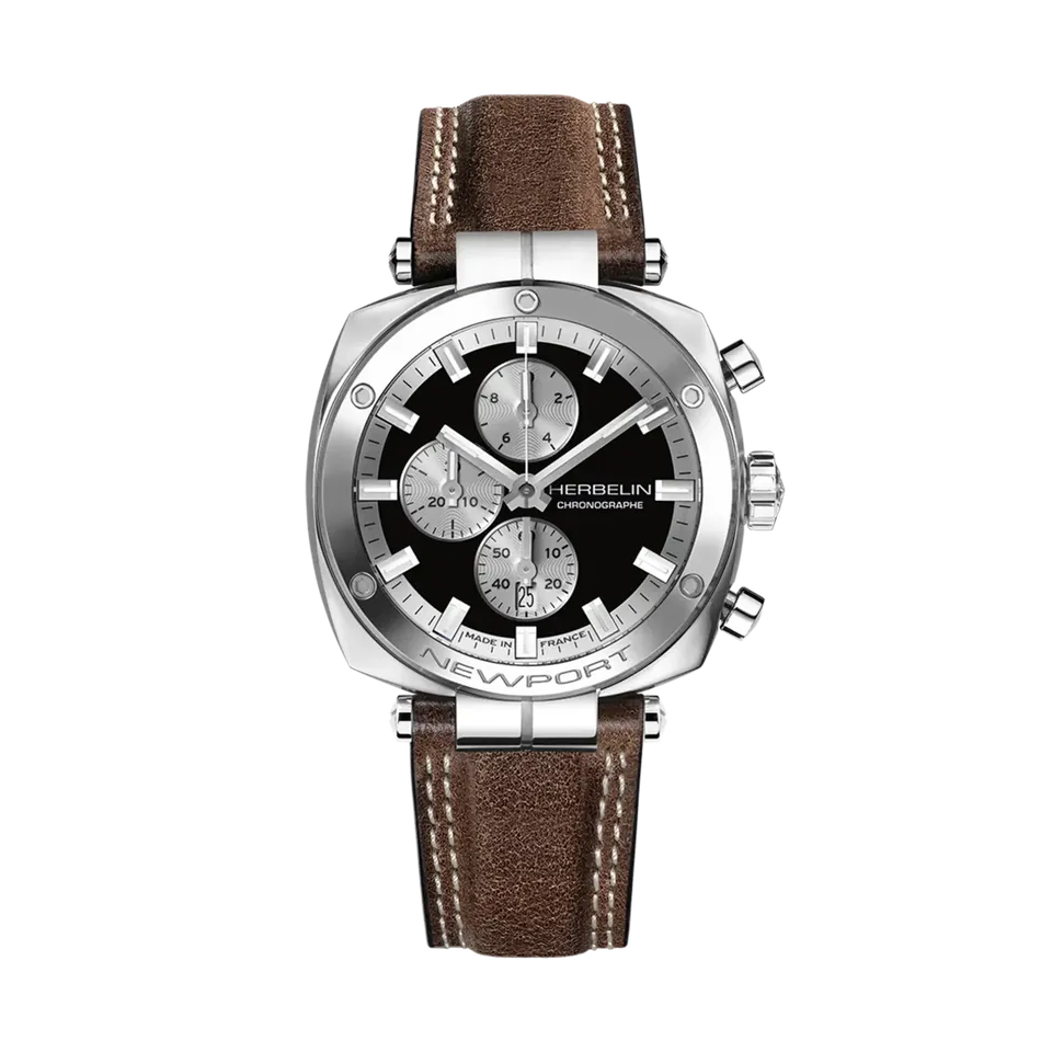herbelin-newport-h-ritage-chronographe-quartz-montre-homme-acier-cuir-marron image 1