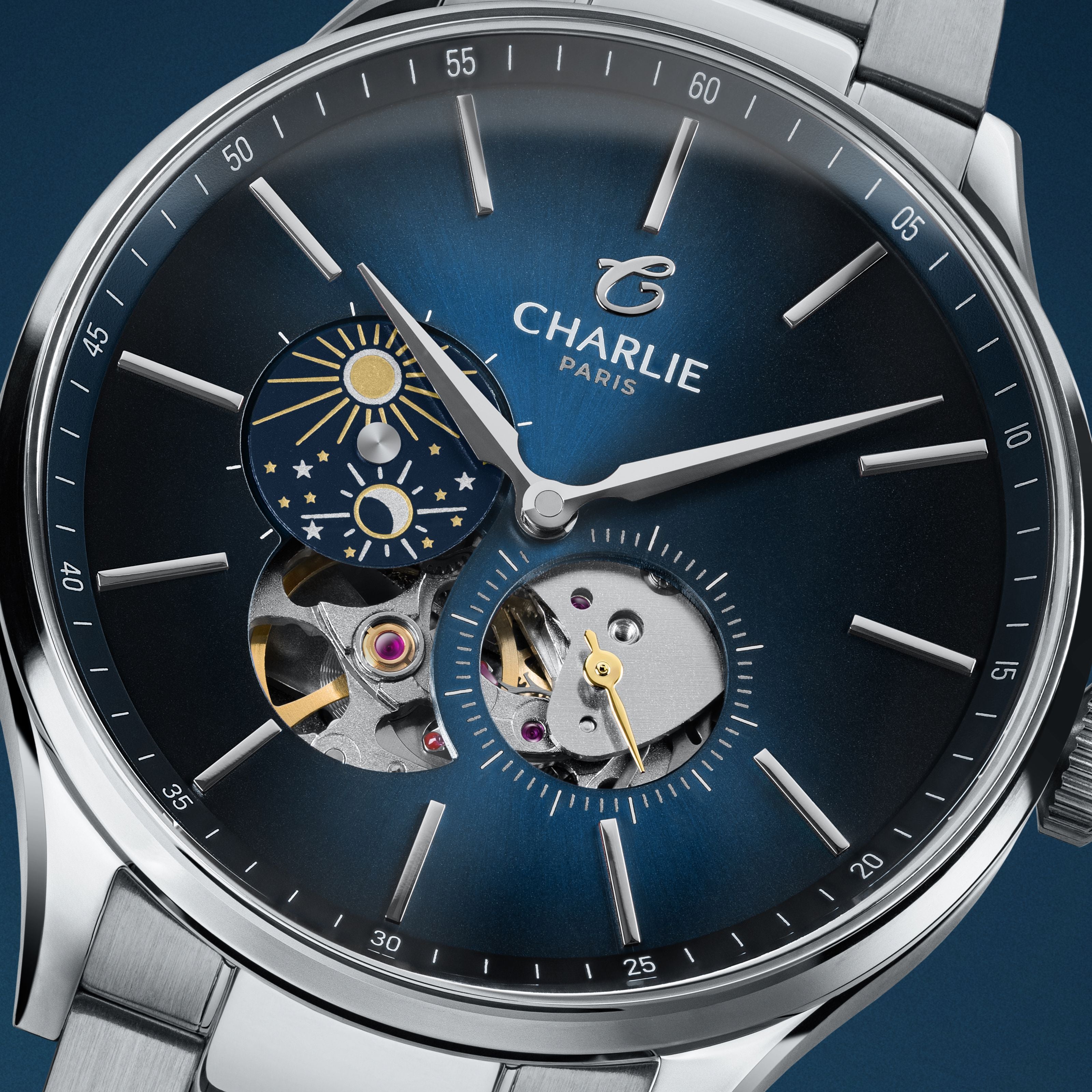 charlie-paris-initial-montre-automatique-c-ur-ouvert-jour-nuit-bleu-40mm-acier image 7