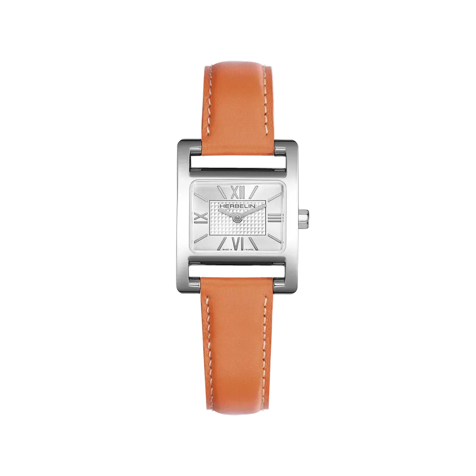 herbelin-ve-avenue-quartz-femme-montre-rectangulaire-acier-bracelet-cuir-orange image 1
