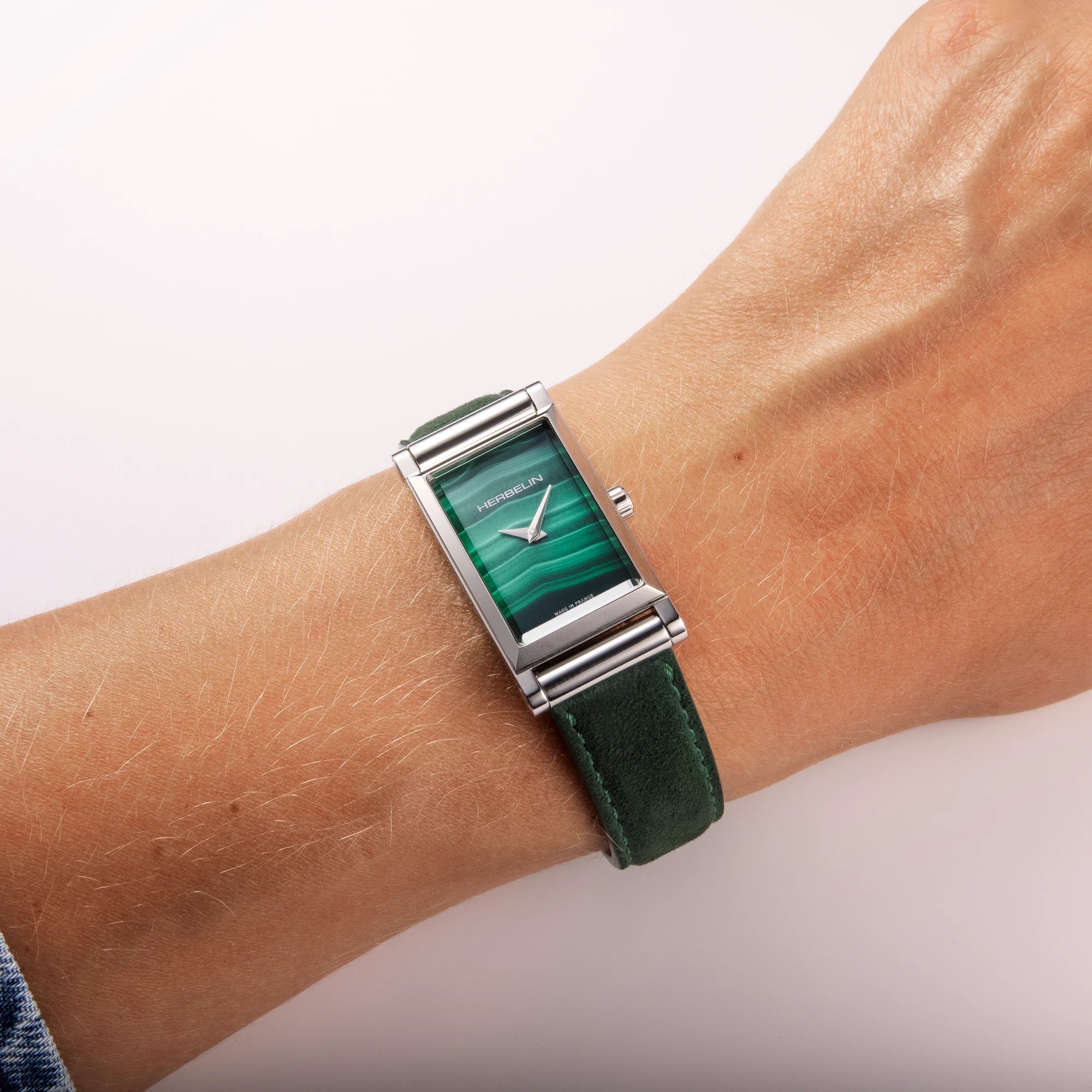 herbelin-antar-s-rectangle-malachite-verte-bo-tier-acier-facette-quartz image 2