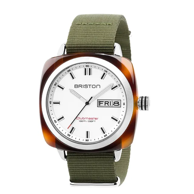 briston-clubmaster-sport-hms-42-mm-blanc-caille-bracelet-vert-militaire image 1