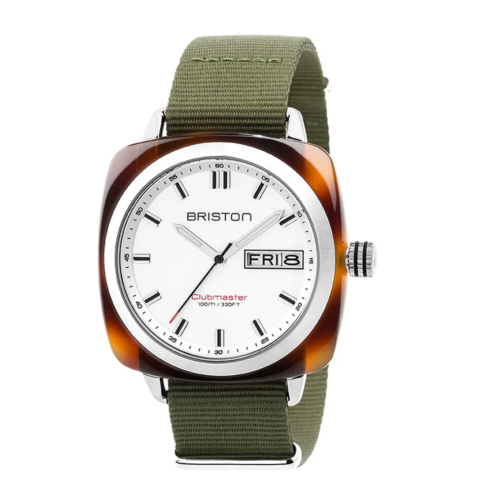 briston-clubmaster-sport-hms-42-mm-blanc-caille-bracelet-vert-militaire image 1