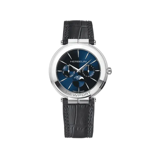 herbelin-newport-slim-phase-de-lune-montre-homme-41-5-mm-acier-cuir-quartz image 1
