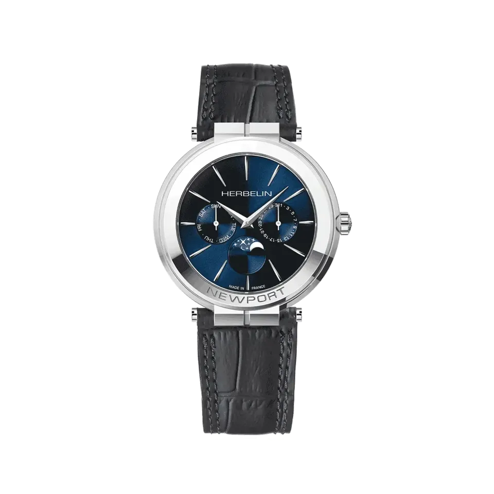 herbelin-newport-slim-phase-de-lune-montre-homme-41-5-mm-acier-cuir-quartz image 1
