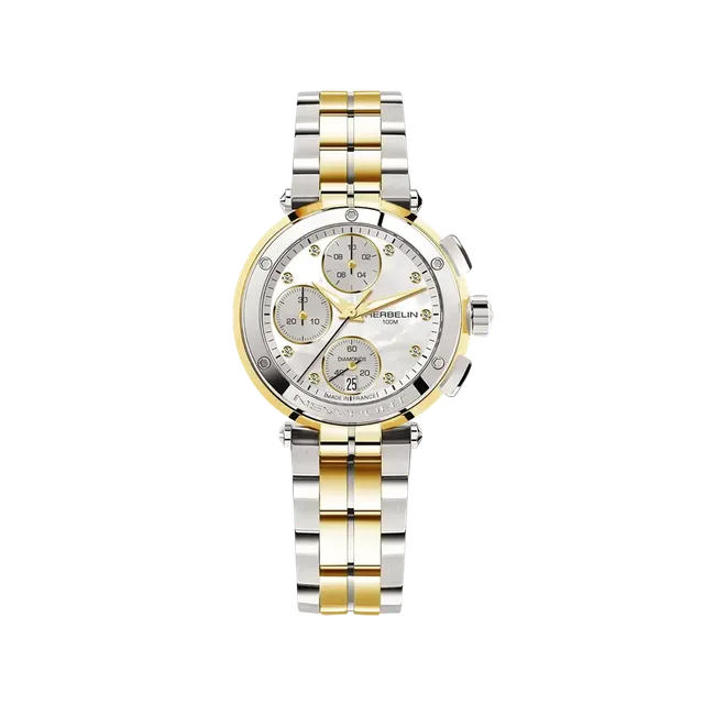 herbelin-newport-chronographe-femme-bicolore-nacre-diamants image 1