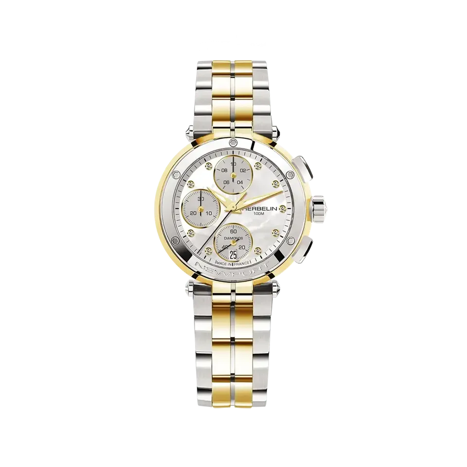 herbelin-newport-chronographe-femme-bicolore-nacre-diamants image 1