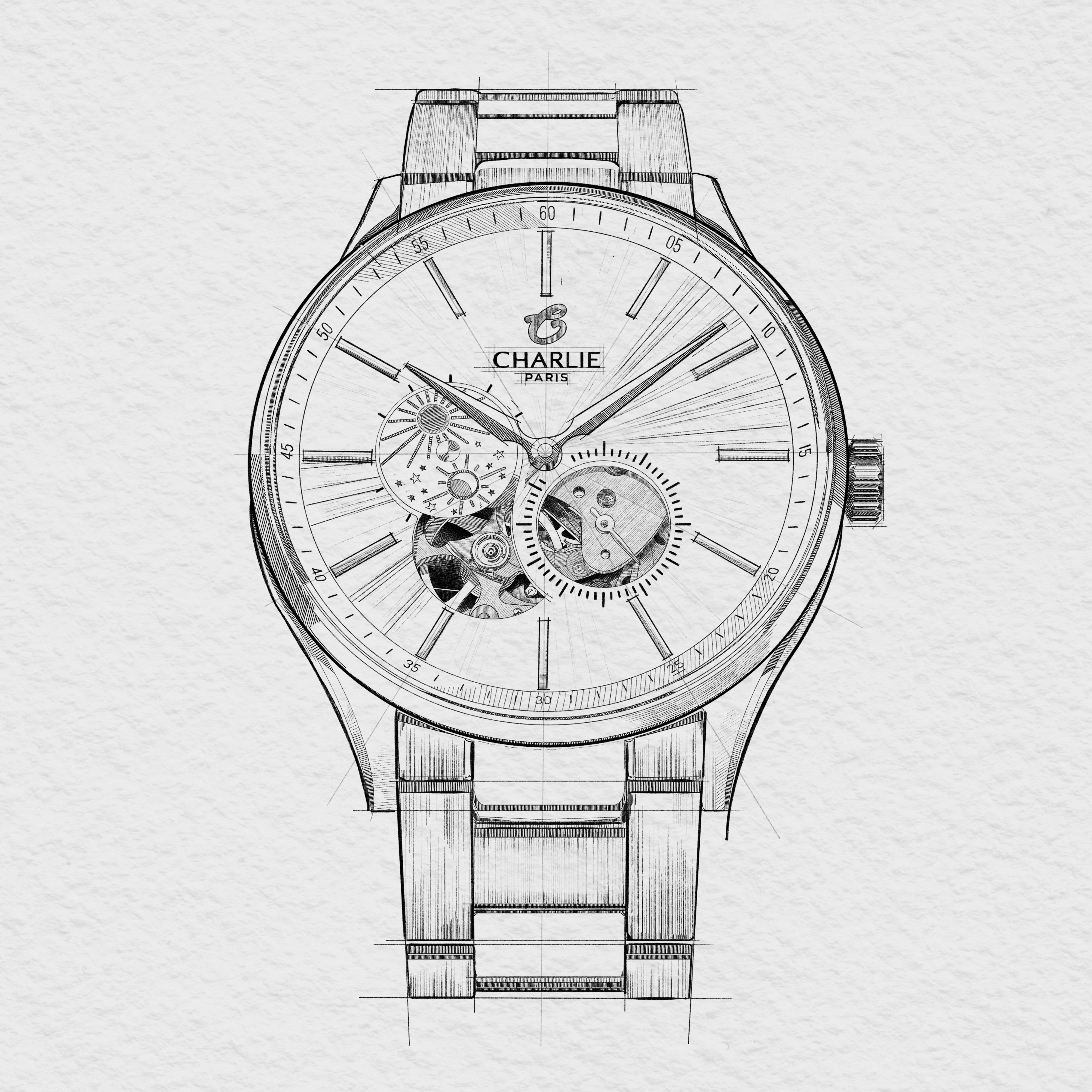 charlie-paris-initial-montre-automatique-c-ur-ouvert-jour-nuit-taupe-40mm image 7