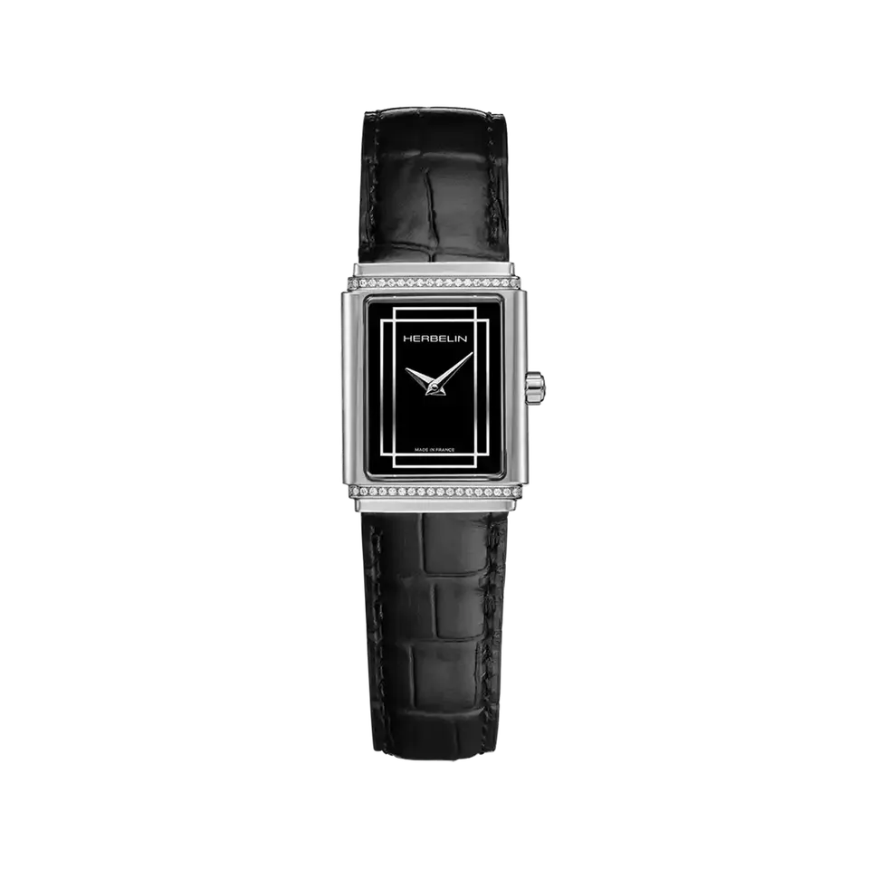 herbelin-art-d-co-1925-s-empire-montre-bijou-femme-acier-diamants-cadran-noir image 1