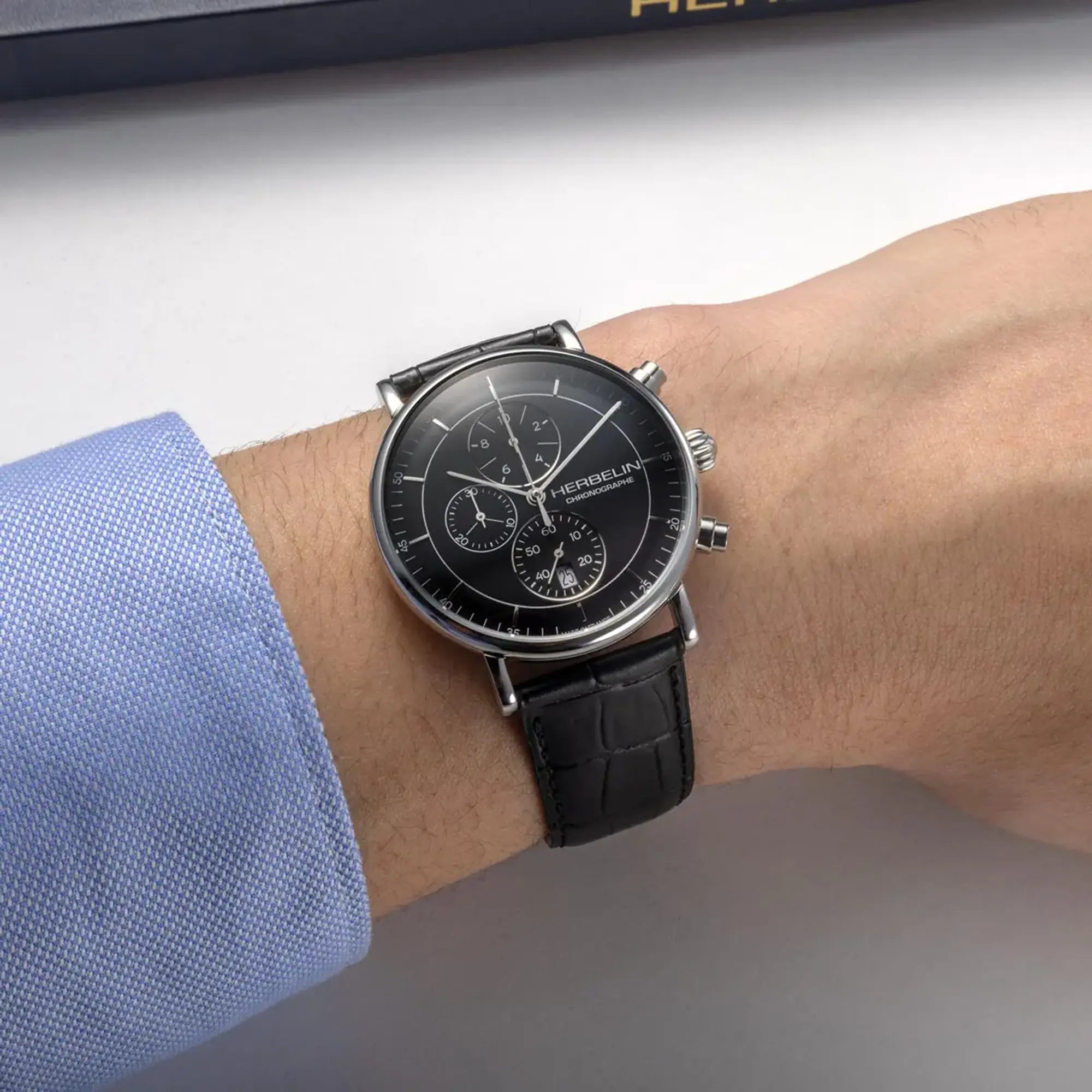 herbelin-inspiration-chronographe-quartz-40-mm-acier-cuir-noir-homme image 2