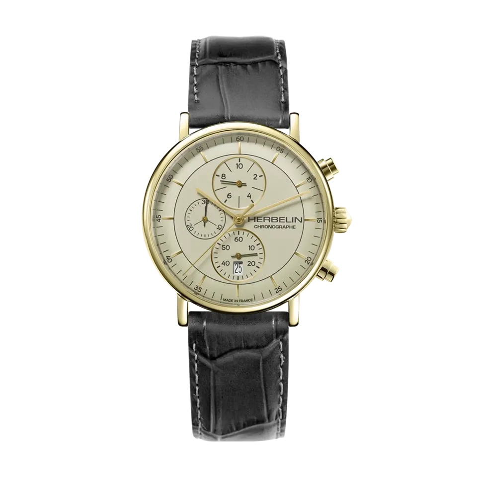herbelin-inspiration-chronographe-homme-dor-cuir-noir-quartz image 1