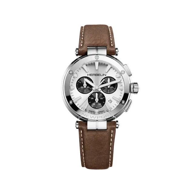 herbelin-newport-chronographe-blanc-gris-cuir-brun-montre-homme-quartz image 1