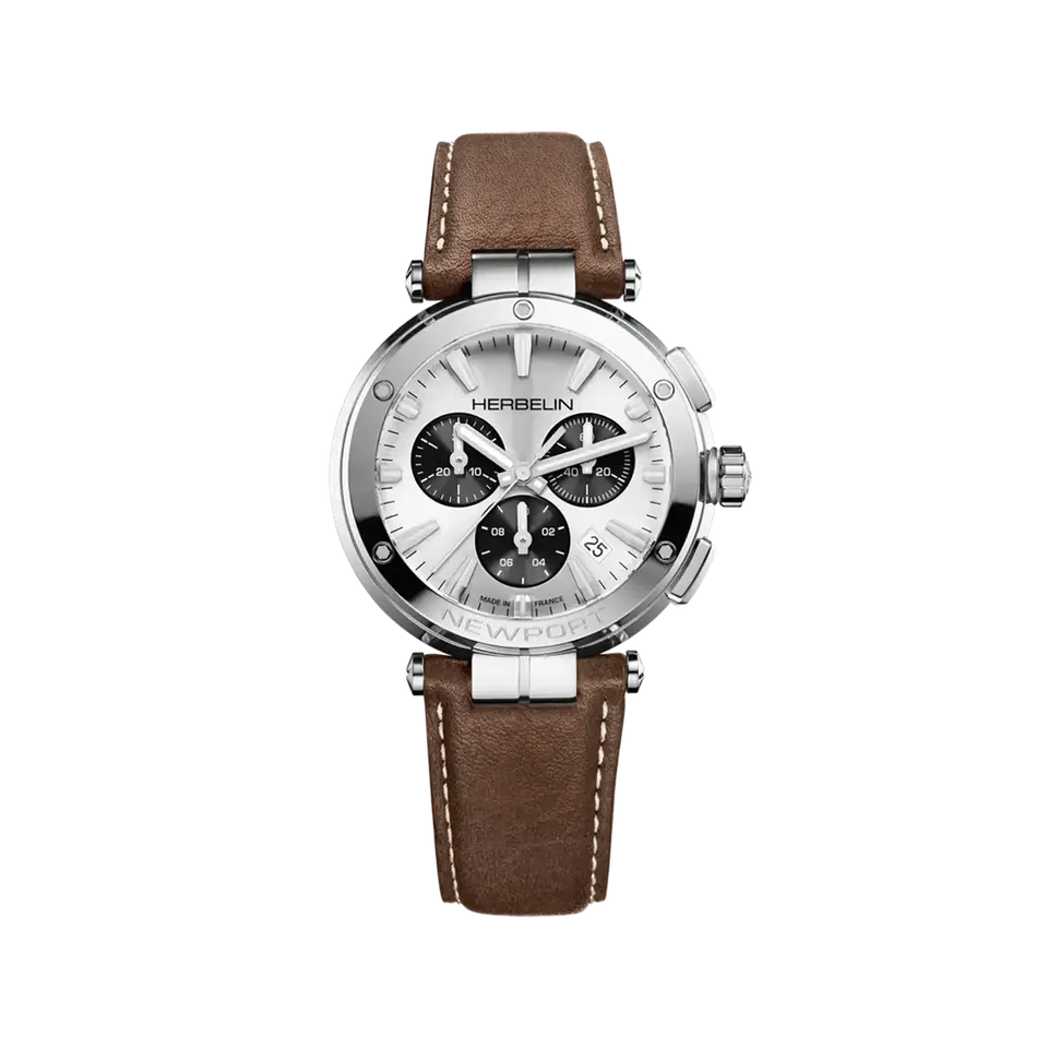 herbelin-newport-chronographe-blanc-gris-cuir-brun-montre-homme-quartz image 1