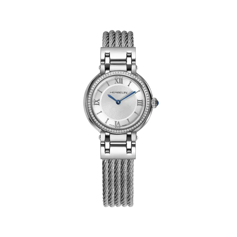 herbelin-galet-quartz-montre-femme-blanc-argent-diamants-acier image 1