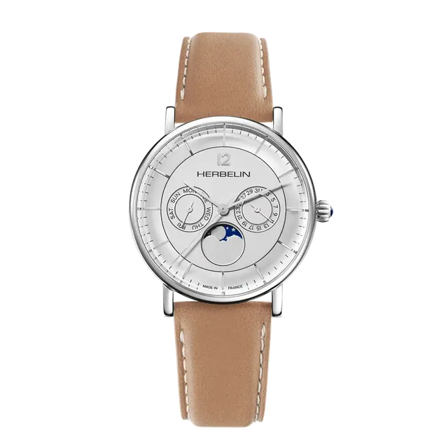 herbelin-inspiration-phase-de-lune-quartz-acier-cadran-argent-et-cuir-camel-homm image 1