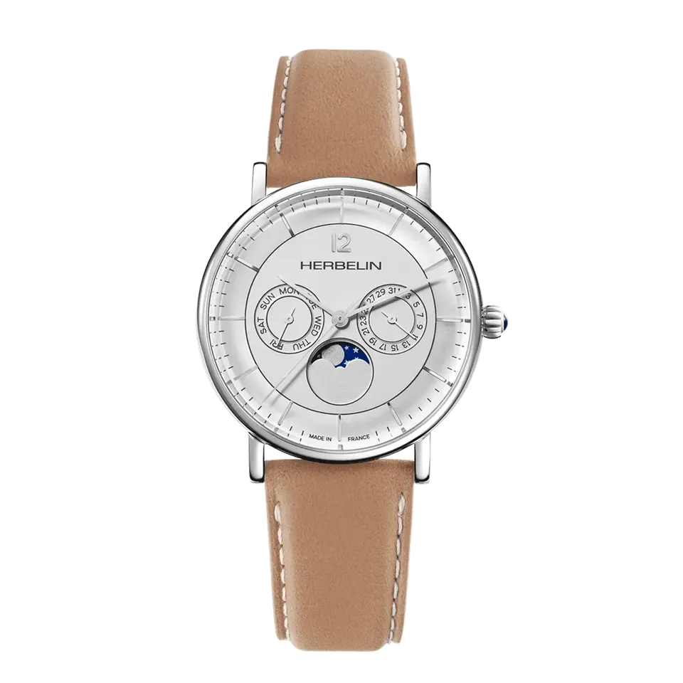 herbelin-inspiration-phase-de-lune-quartz-acier-cadran-argent-et-cuir-camel-homm image 1