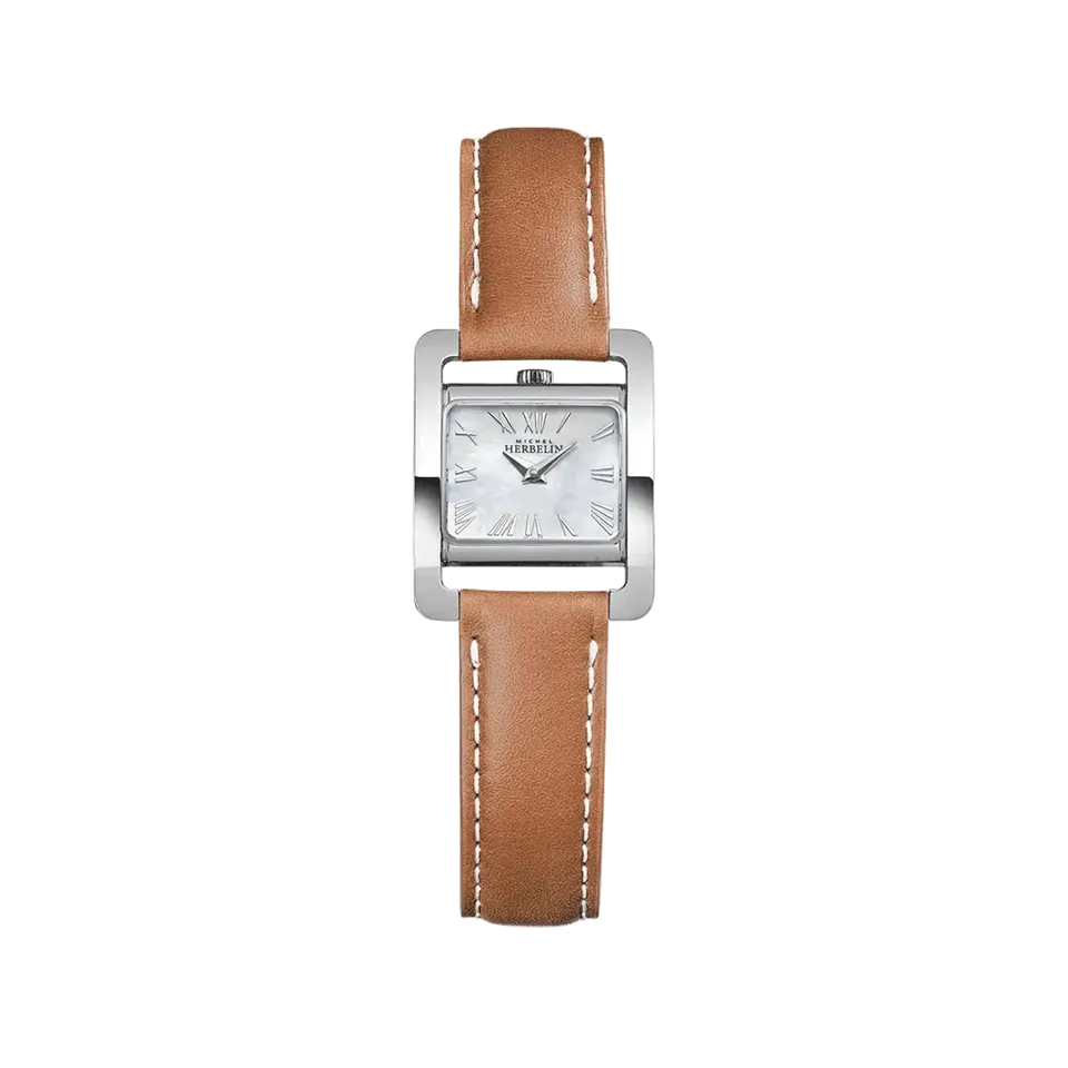 herbelin-ve-avenue-quartz-nacre-blanche-cuir-camel-femme image 1