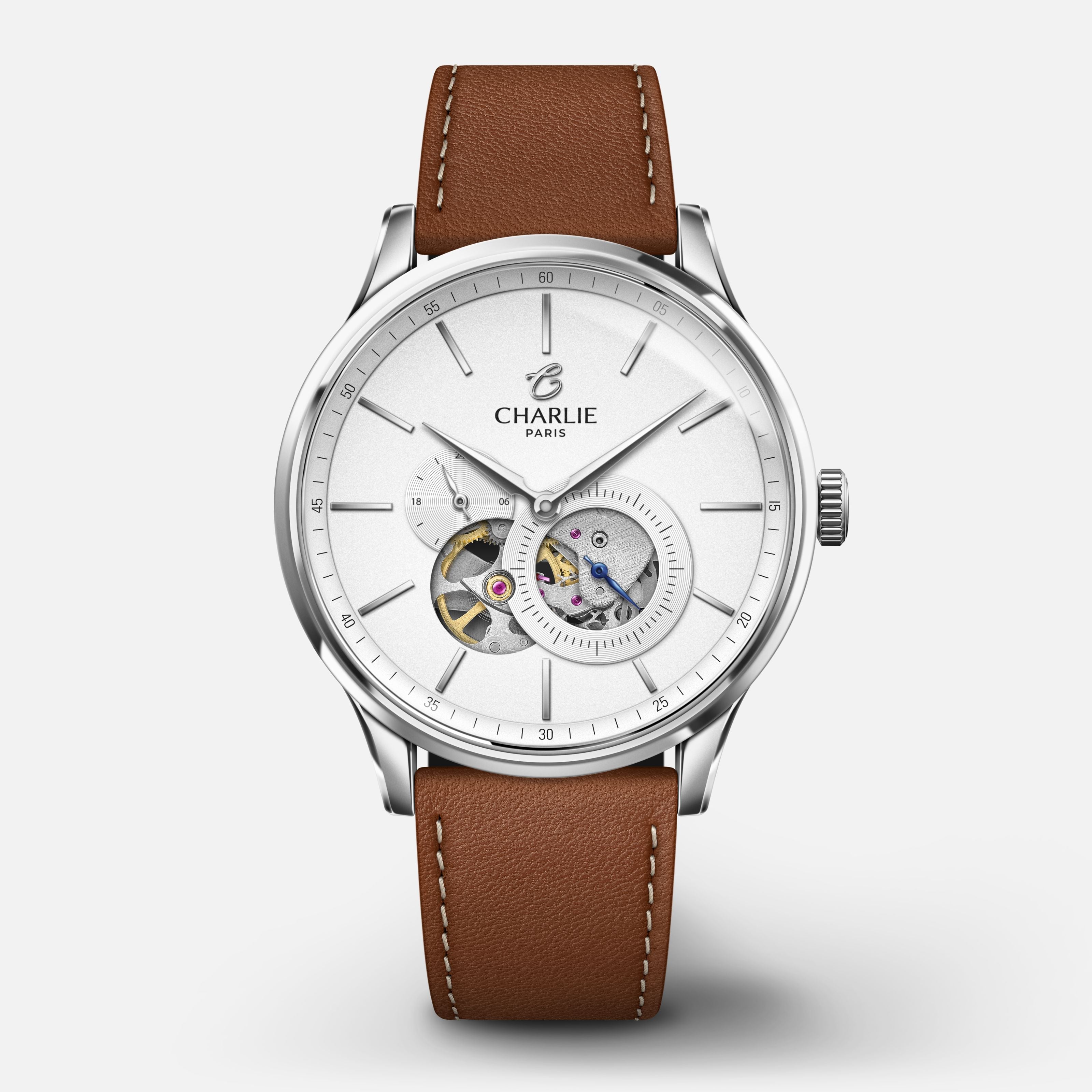 charlie-paris-initial-montre-automatique-c-ur-ouvert-blanc-40mm-acier-bracelet-c image 1