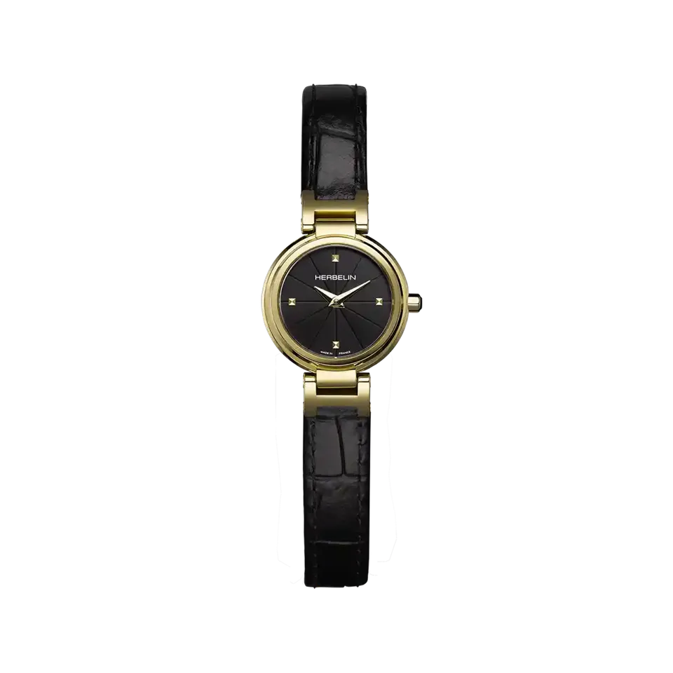herbelin-lady-h-quartz-montre-femme-pvd-or-jaune-22-mm-cuir-noir image 1
