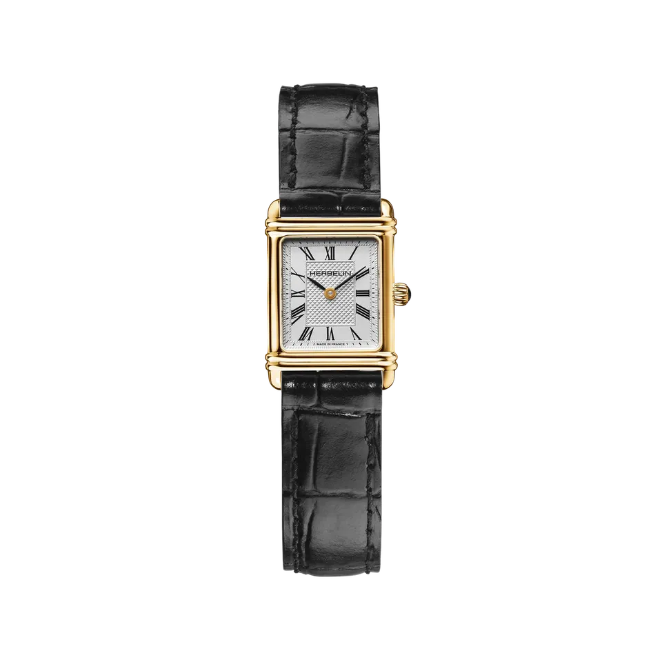 herbelin-art-d-co-quartz-acier-dor-cuir-noir-montre-femme image 1