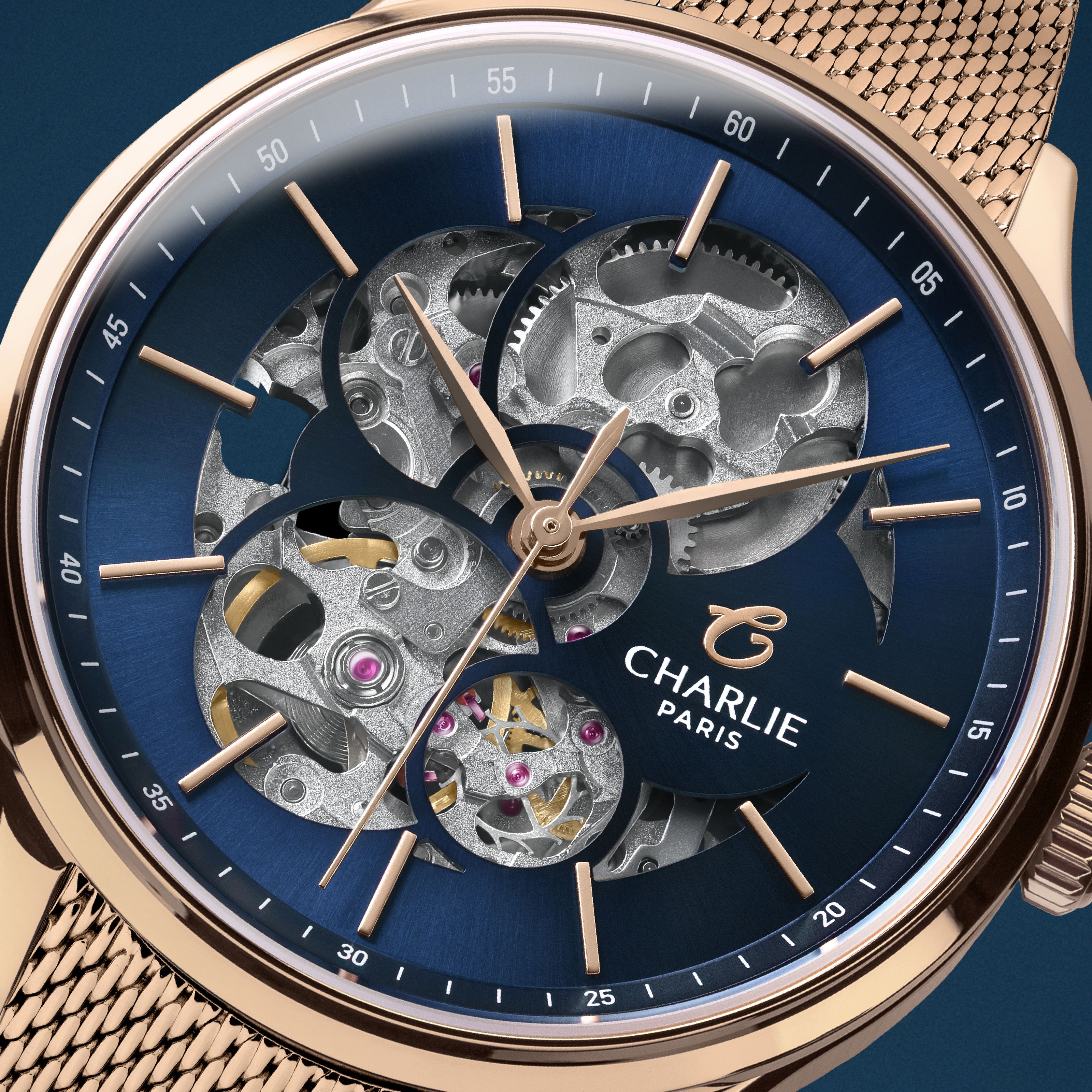charlie-paris-initial-36-montre-automatique-femme-ajour-e-dor-rose-et-bleu-36-mm image 4