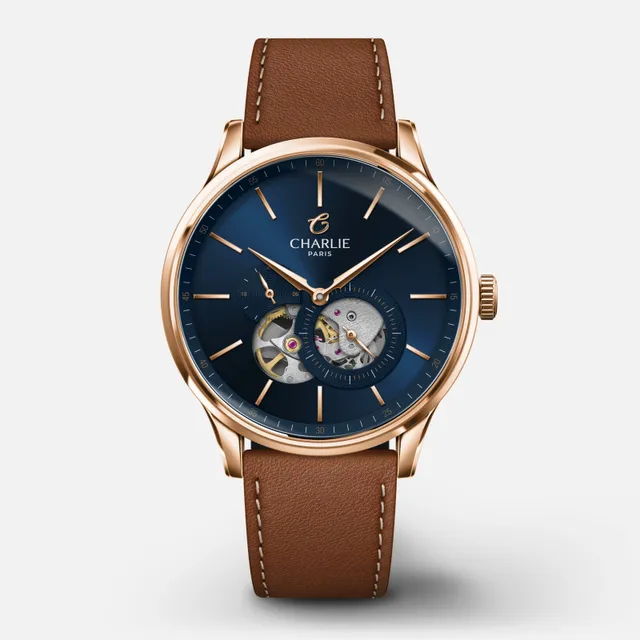 charlie-paris-initial-montre-automatique-c-ur-ouvert-dor-rose-bleu-40mm image 1