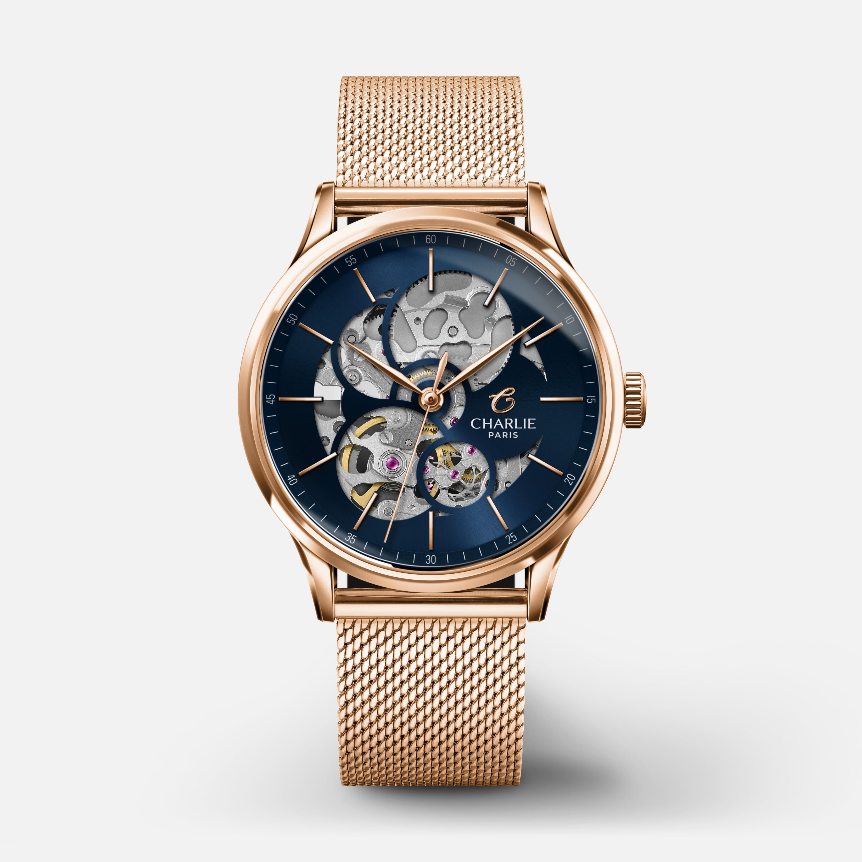 charlie-paris-initial-36-montre-automatique-femme-ajour-e-dor-rose-et-bleu-36-mm image 1