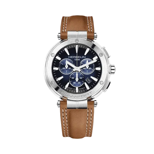 herbelin-newport-chronographe-homme-noir-cuir-camel-quartz image 1