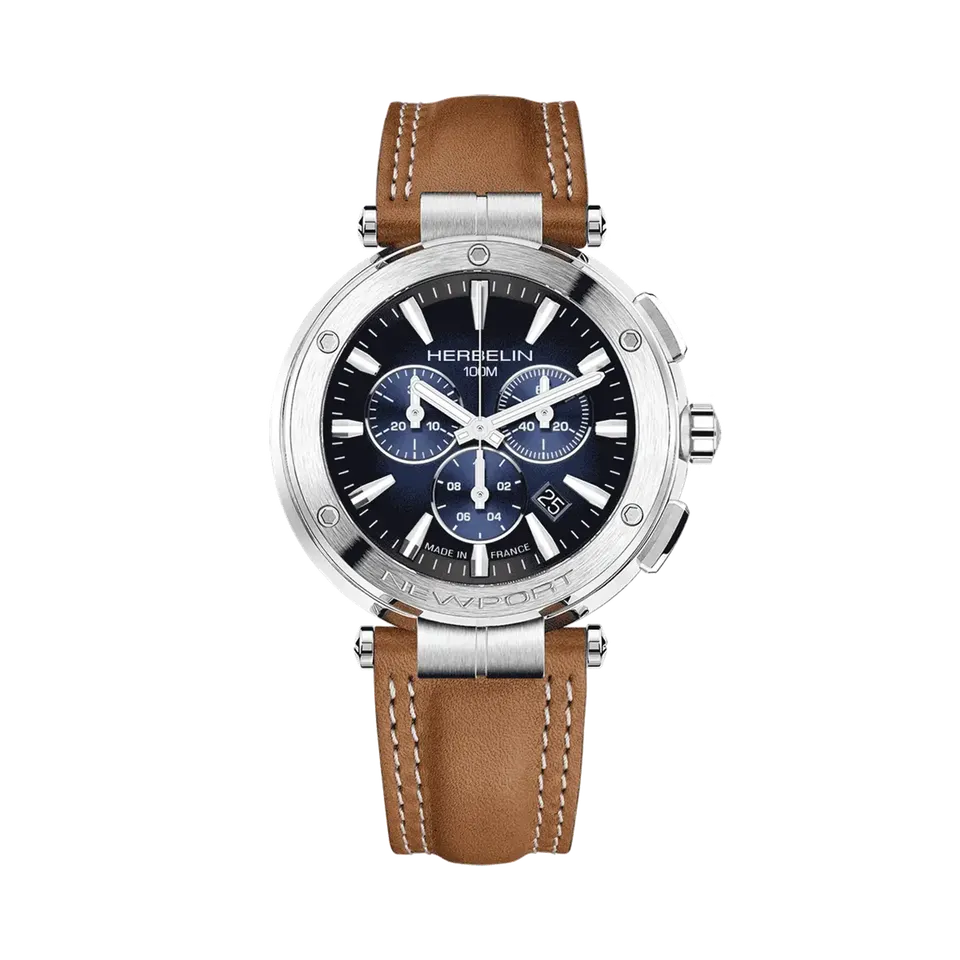 herbelin-newport-chronographe-homme-noir-cuir-camel-quartz image 1