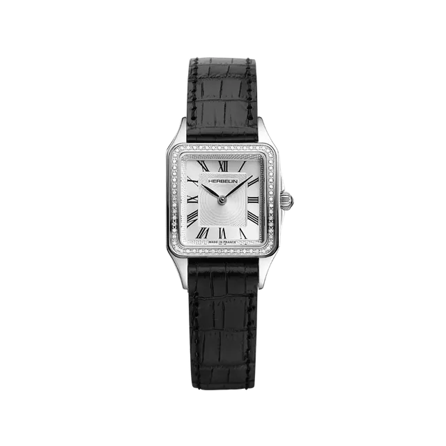 herbelin-luna-quartz-62-diamants-cadran-argent-cuir-noir-femme image 1