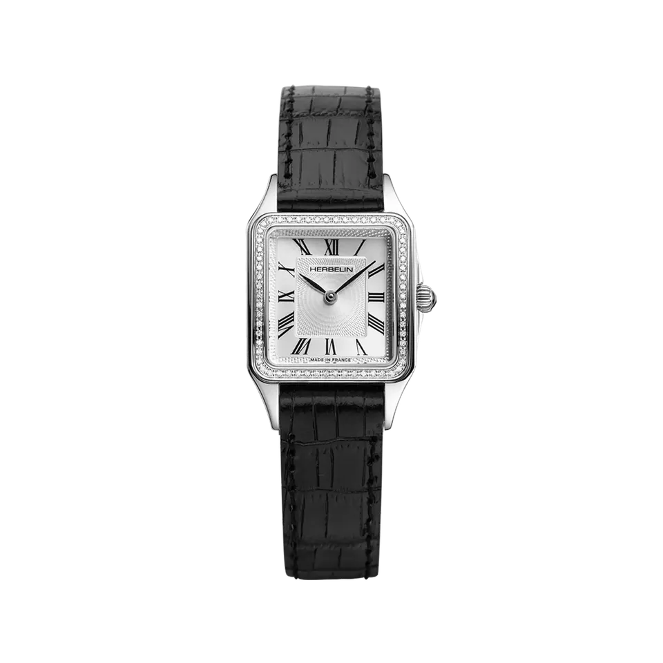 herbelin-luna-quartz-62-diamants-cadran-argent-cuir-noir-femme image 1