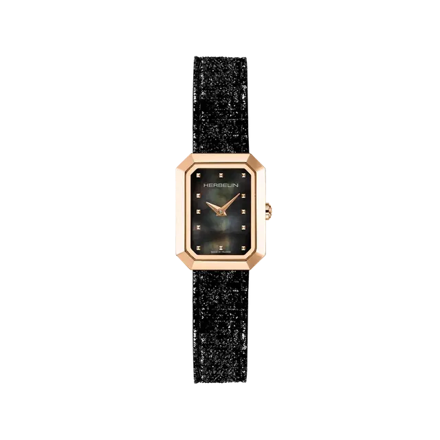 herbelin-octog-ne-quartz-montre-femme-nacre-noire-cuir-pvd-or-rose image 1