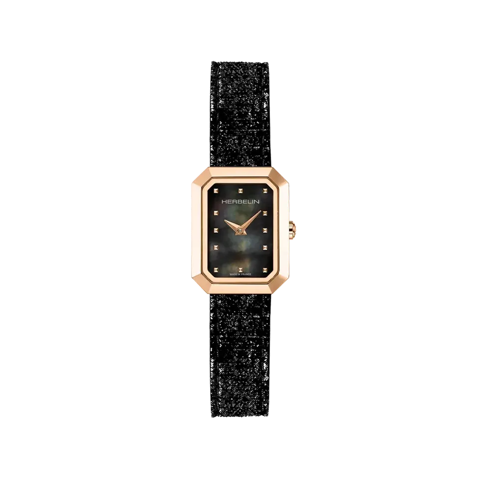 herbelin-octog-ne-quartz-montre-femme-nacre-noire-cuir-pvd-or-rose image 1