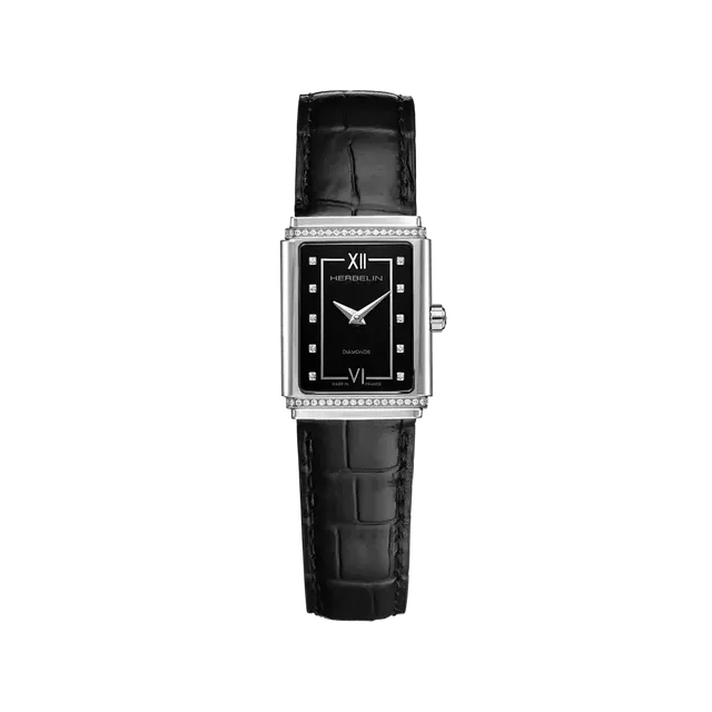 herbelin-art-d-co-1925-s-empire-montre-femme-acier-diamants-cuir image 1