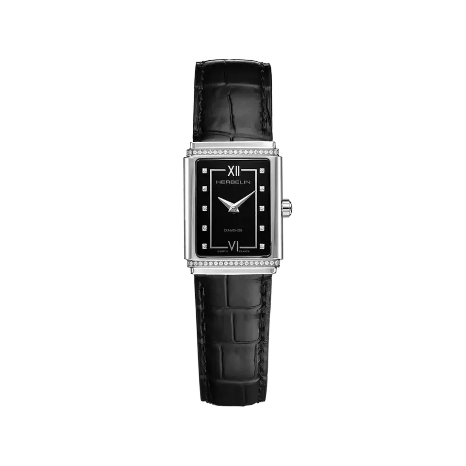 herbelin-art-d-co-1925-s-empire-montre-femme-acier-diamants-cuir image 1