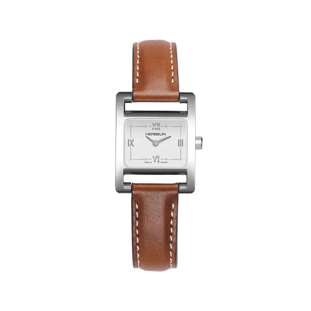 herbelin-ve-avenue-montre-quartz-femme-acier-et-cuir-camel-cadran-blanc image 1