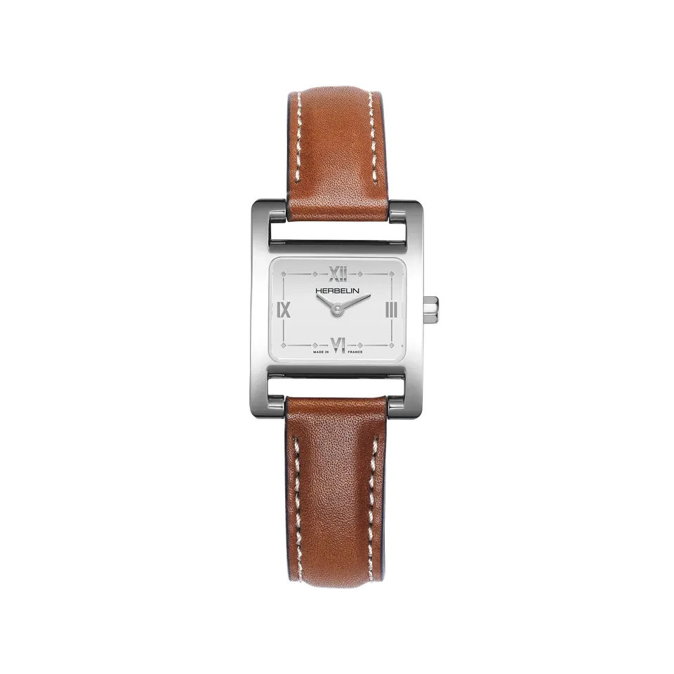 herbelin-ve-avenue-montre-quartz-femme-acier-et-cuir-camel-cadran-blanc image 1