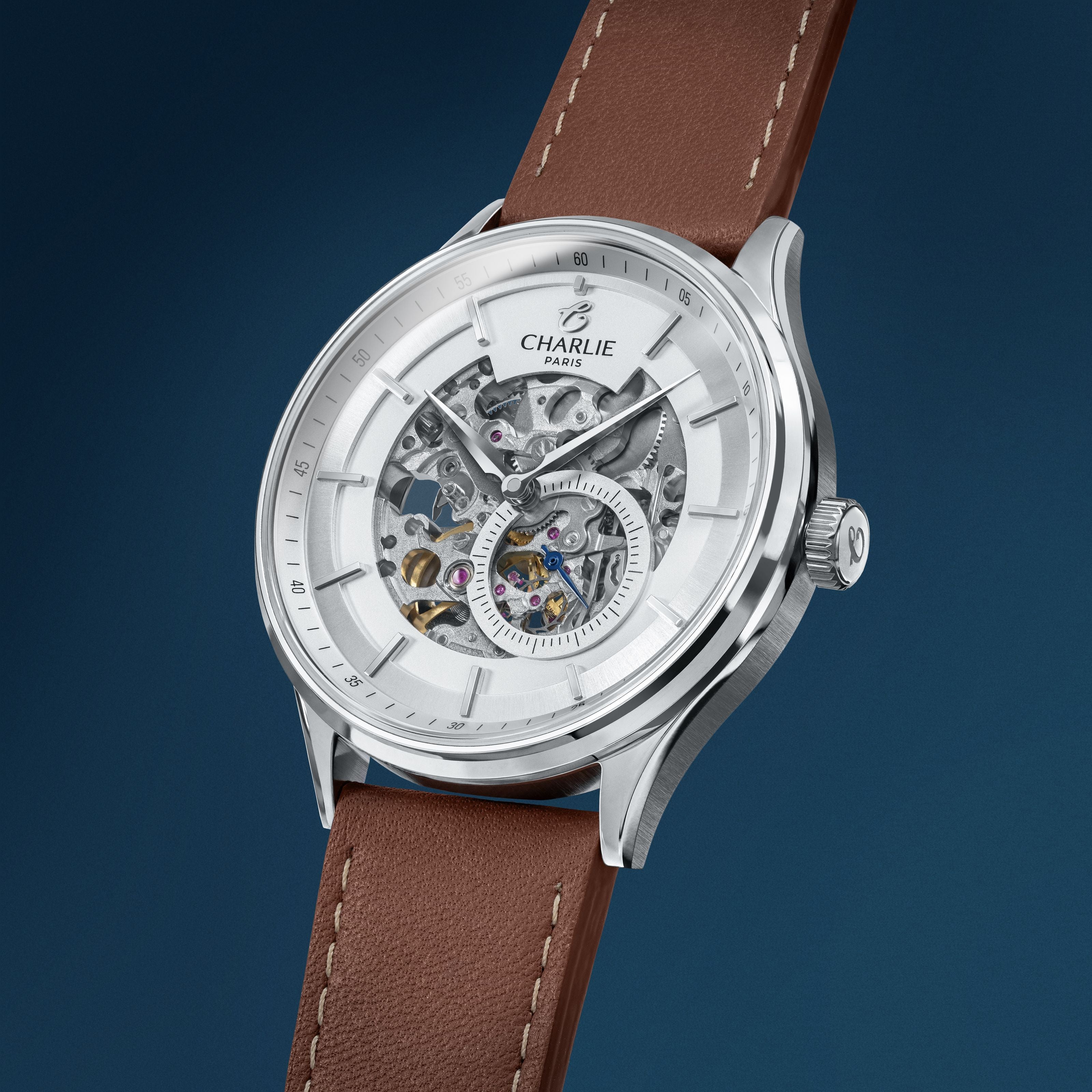 charlie-paris-initial-squelette-montre-automatique-homme-blanc-40mm-acier image 6