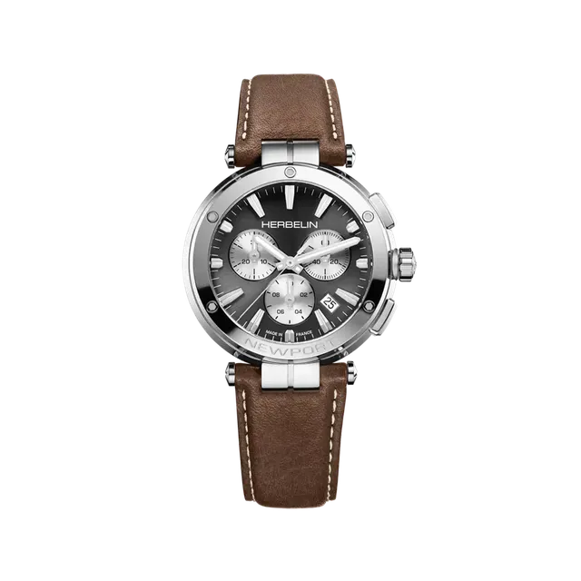 herbelin-newport-chronographe-montre-homme-gris-blanc-cuir-brun image 1