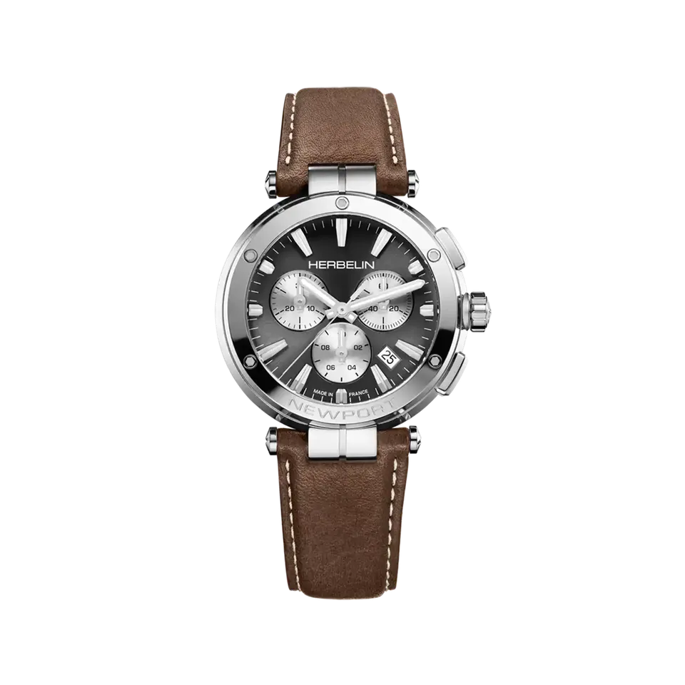 herbelin-newport-chronographe-montre-homme-gris-blanc-cuir-brun image 1