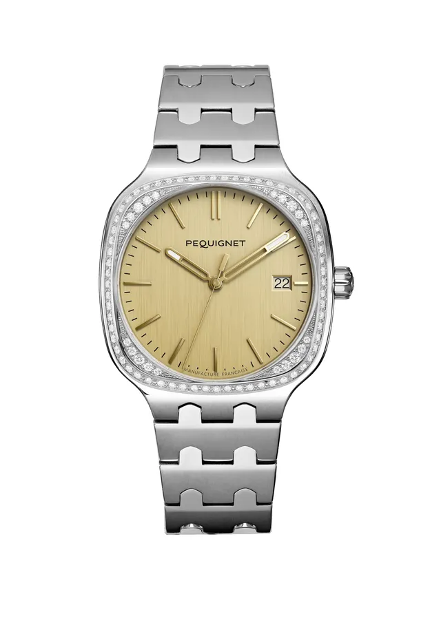 pequignet-concorde-femme-cadran-dor-lunette-diamants-montre-manufacture-acier image 1