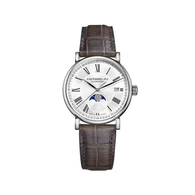 herbelin-inspiration-automatique-phase-de-lune-acier-cuir-gris-38mm image 1