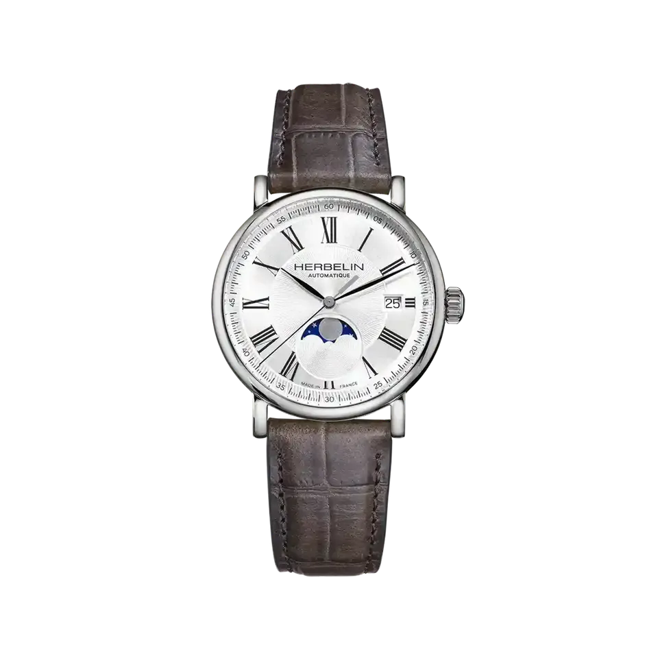 herbelin-inspiration-automatique-phase-de-lune-acier-cuir-gris-38mm image 1