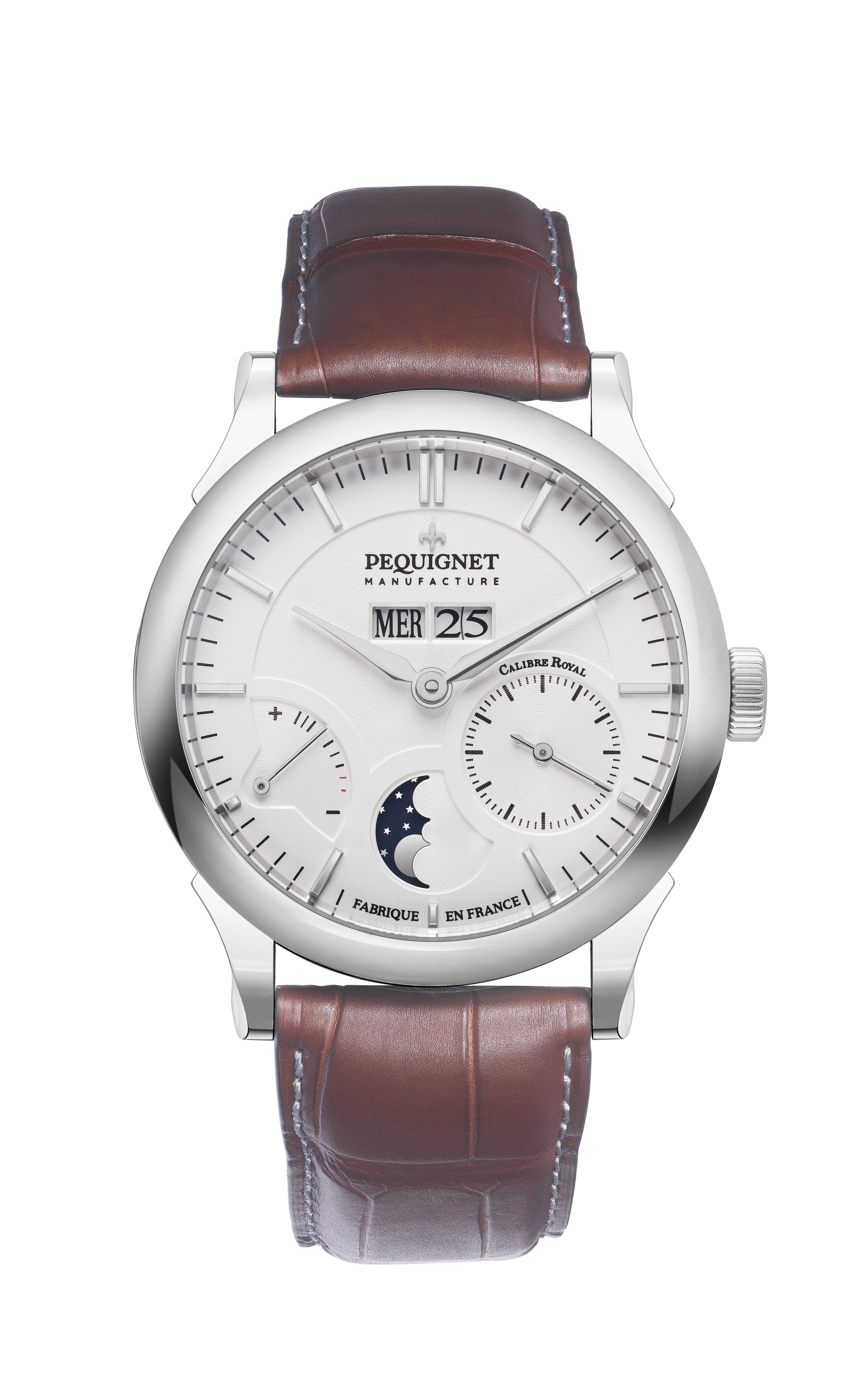 pequignet-royale-paris-grande-date-phase-de-lune-cadran-opalin-alligator-marron- image 1