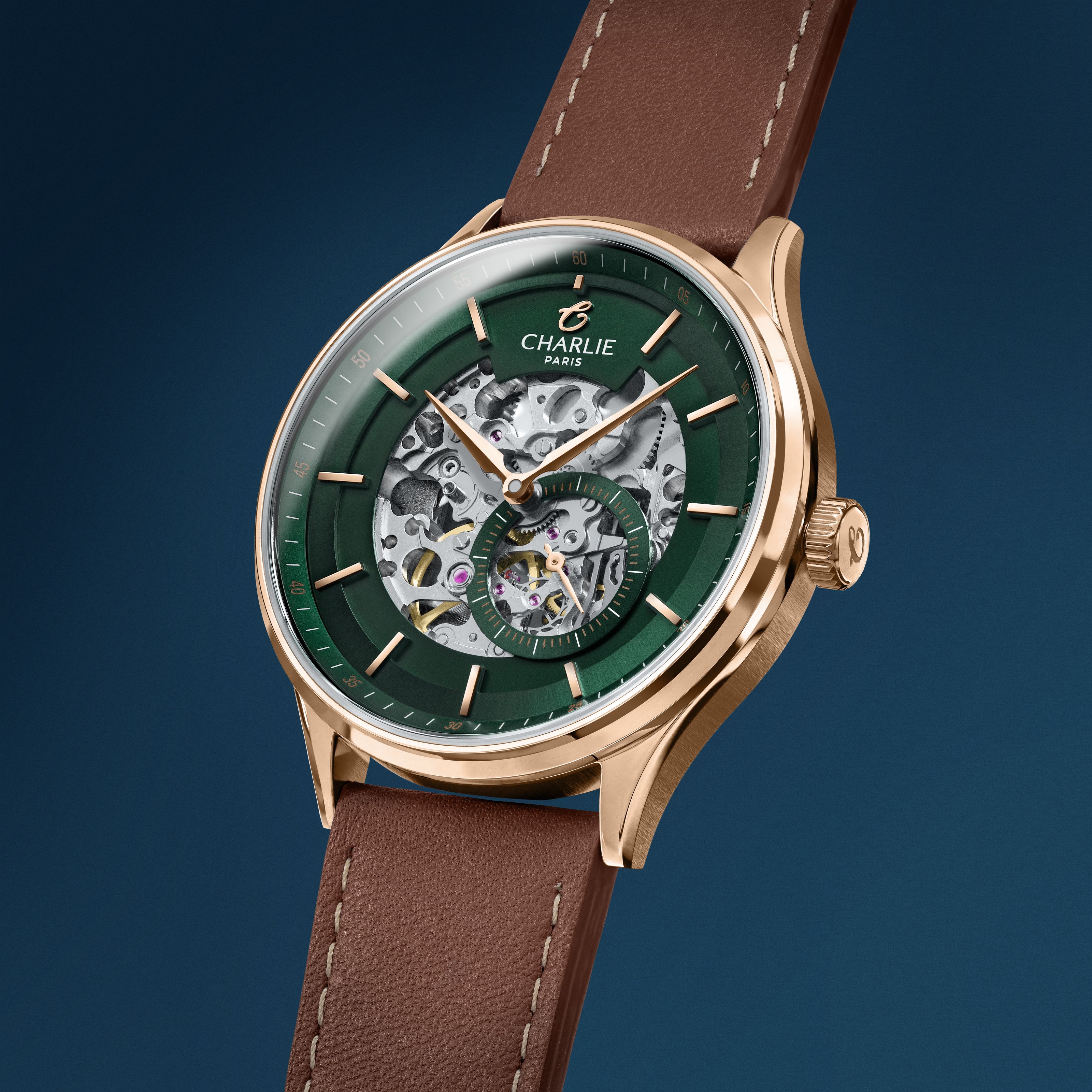charlie-paris-initial-squelette-montre-automatique-homme-vert-et-dor-rose-40mm image 3